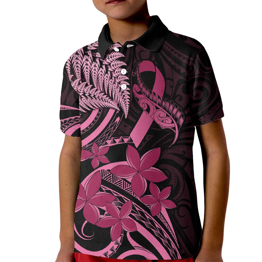 Aotearoa Maori Kid Polo Shirt Pink Fern Ribbons on Black - Polynesian Pride