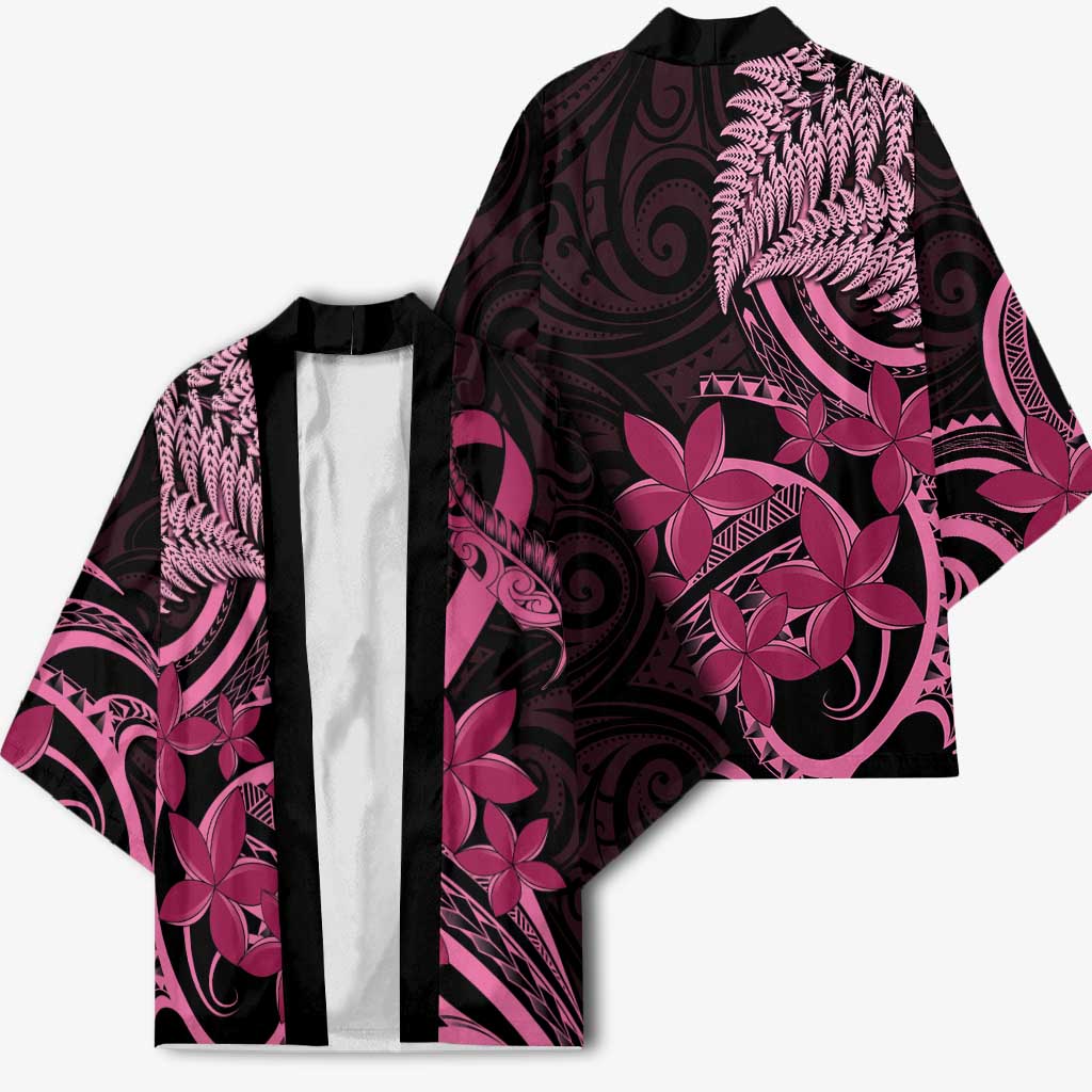 Aotearoa Maori Kimono Pink Fern Ribbons on Black LT7 - Polynesian Pride