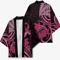Aotearoa Maori Kimono Pink Fern Ribbons on Black LT7 - Polynesian Pride