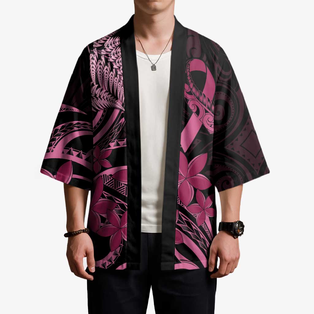 Aotearoa Maori Kimono Pink Fern Ribbons on Black LT7 - Polynesian Pride