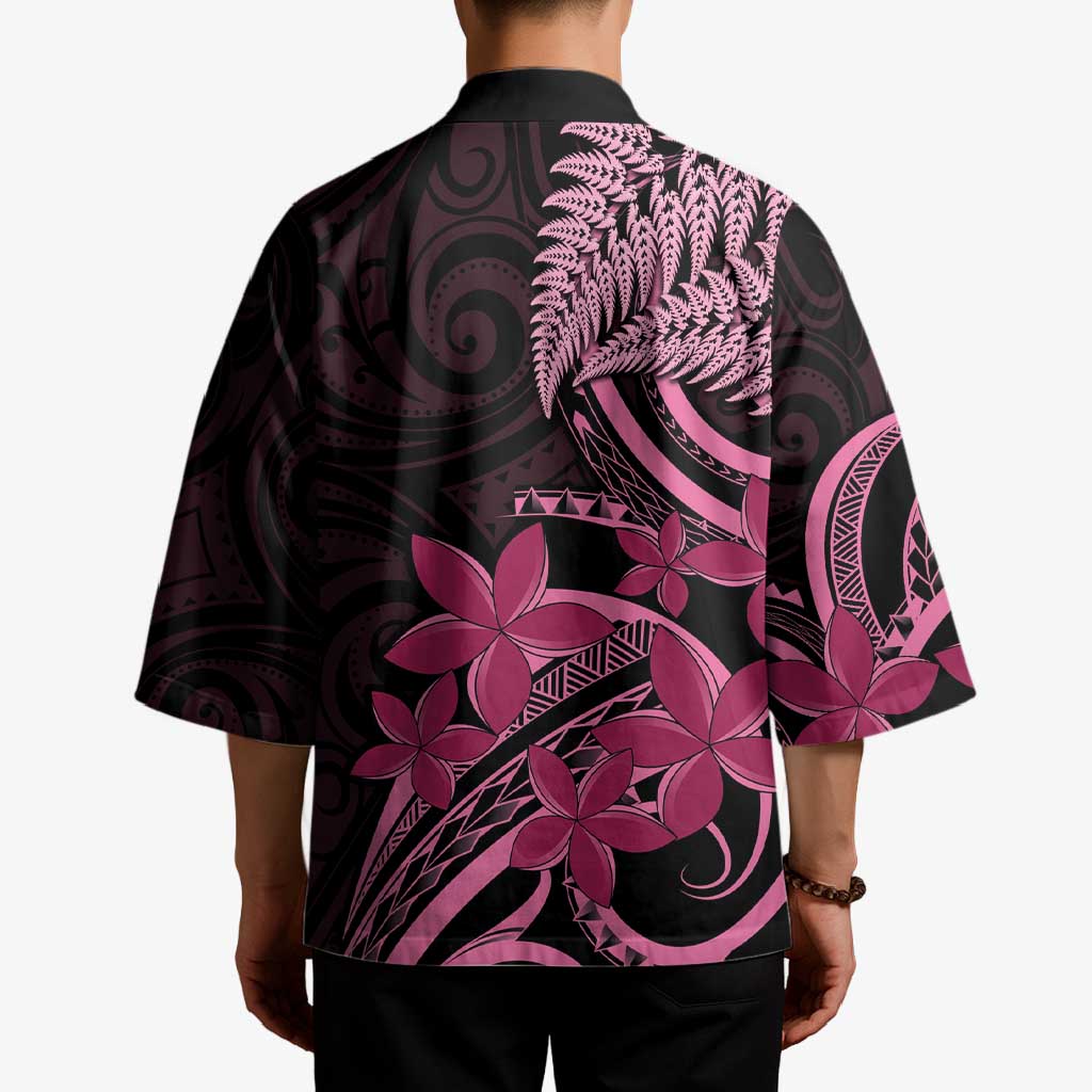 Aotearoa Maori Kimono Pink Fern Ribbons on Black LT7 - Polynesian Pride