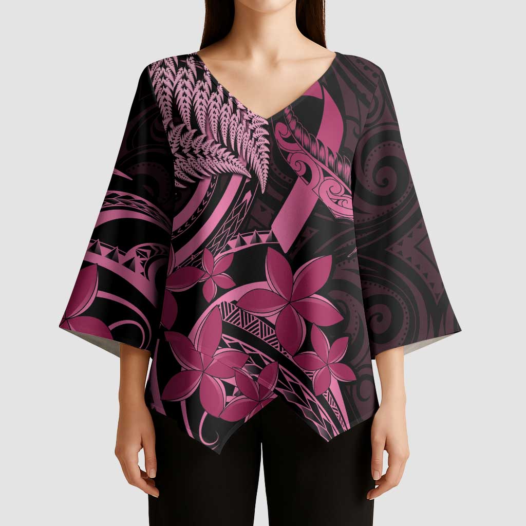 Aotearoa Maori Kimono Sleeve Blouse Pink Fern Ribbons on Black - Polynesian Pride