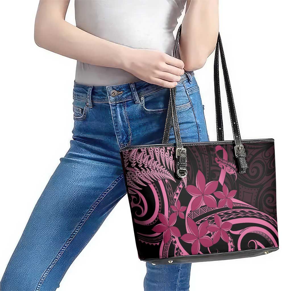 Aotearoa Maori Leather Tote Bag Pink Fern Ribbons on Black - Polynesian Pride