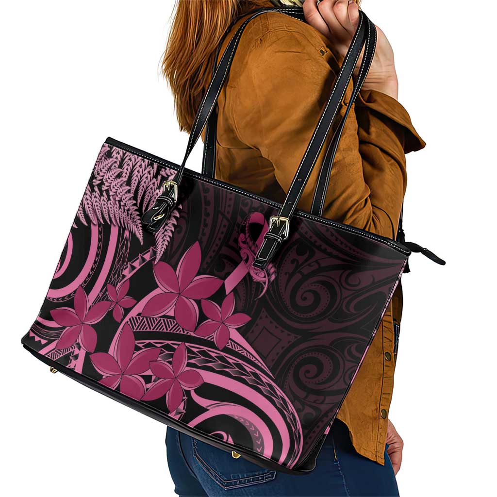Aotearoa Maori Leather Tote Bag Pink Fern Ribbons on Black - Polynesian Pride