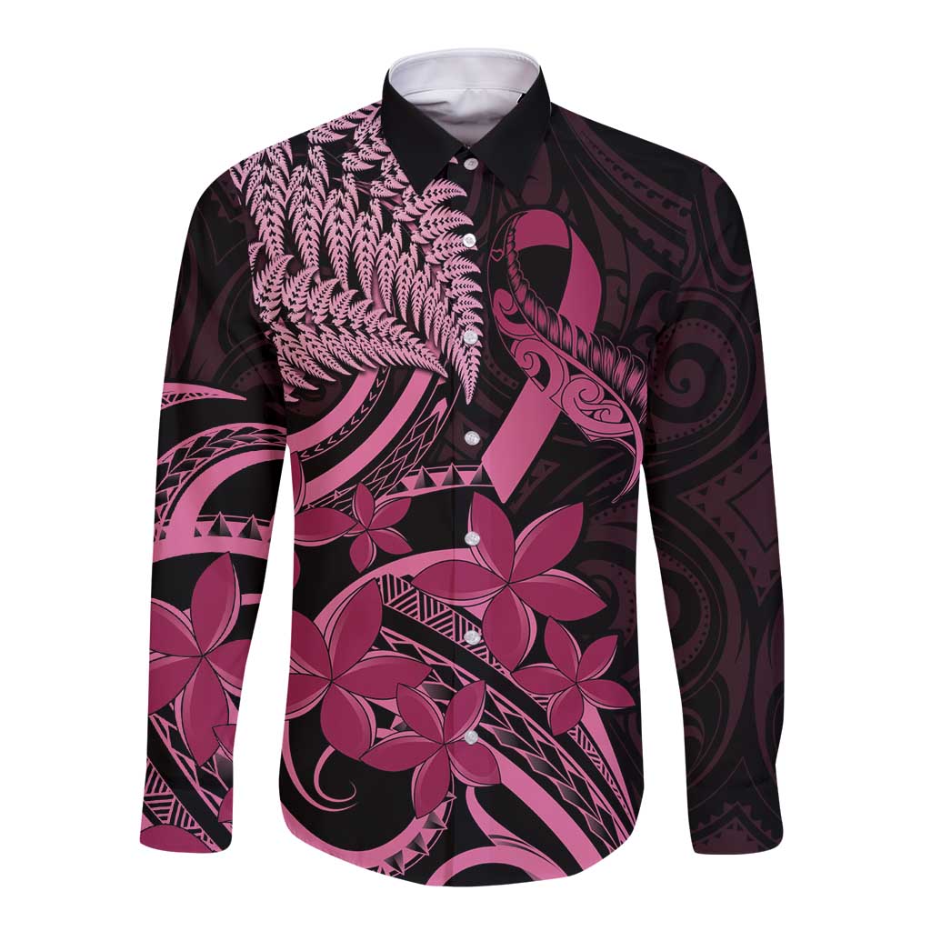 Aotearoa Maori Long Sleeve Button Shirt Pink Fern Ribbons on Black LT7 Unisex Black - Polynesian Pride