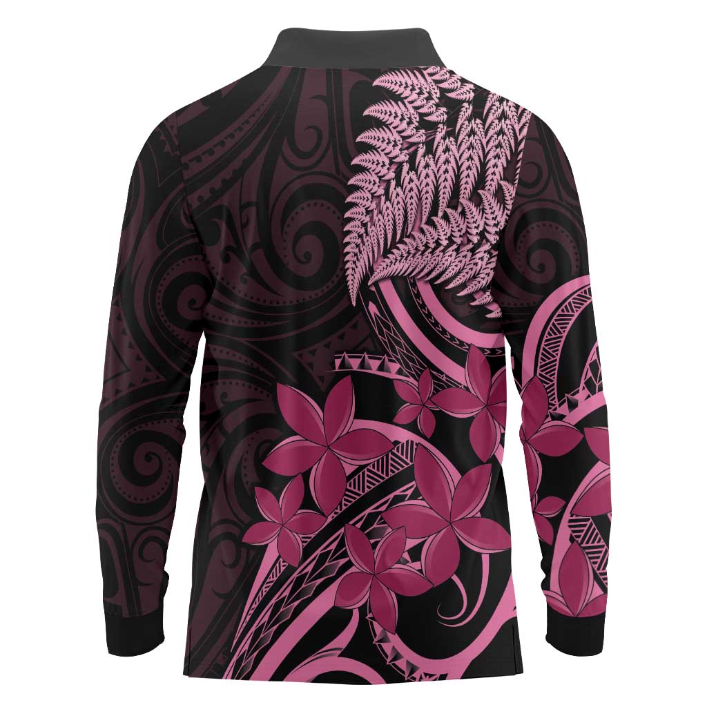 Aotearoa Maori Long Sleeve Polo Shirt Pink Fern Ribbons on Black - Polynesian Pride