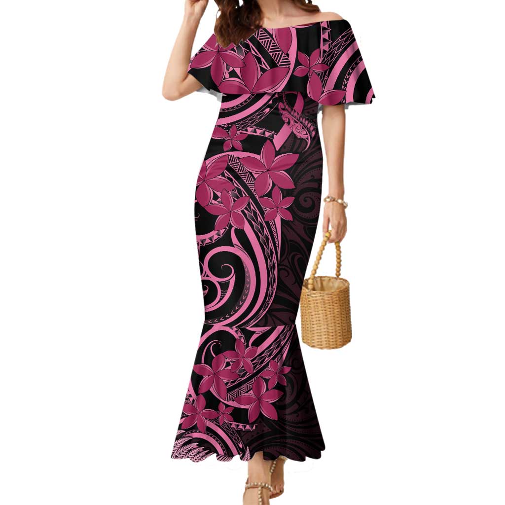 Aotearoa Maori Mermaid Dress Pink Fern Ribbons on Black - Polynesian Pride