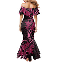 Aotearoa Maori Mermaid Dress Pink Fern Ribbons on Black - Polynesian Pride
