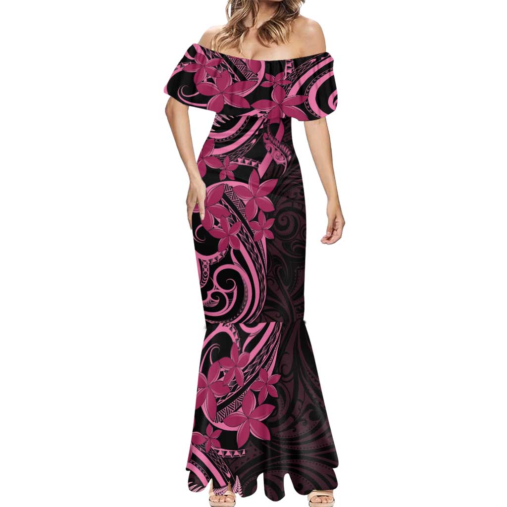 Aotearoa Maori Mermaid Dress Pink Fern Ribbons on Black - Polynesian Pride