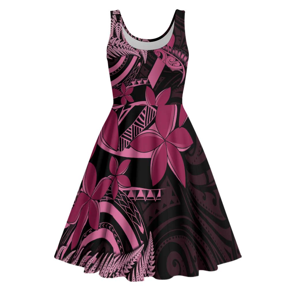 Aotearoa Maori Midi Dress Pink Fern Ribbons on Black - Polynesian Pride