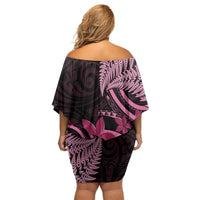 Aotearoa Maori Off Shoulder Short Dress Pink Fern Ribbons on Black - Polynesian Pride