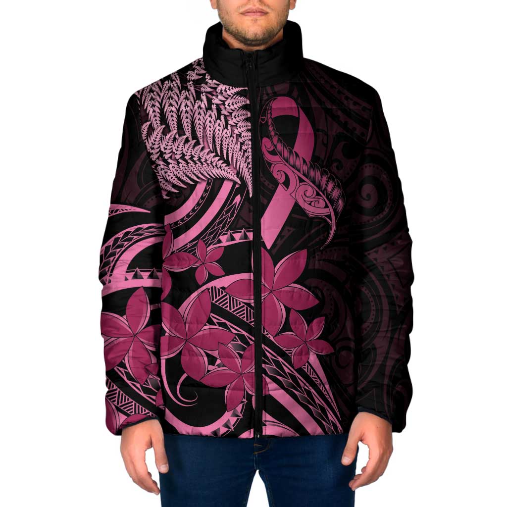 Aotearoa Maori Padded Jacket Pink Fern Ribbons on Black LT7 Men Black - Polynesian Pride