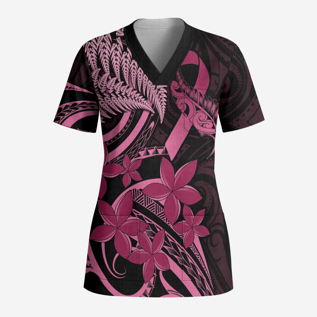 Aotearoa Maori Scrub Top Pink Fern Ribbons on Black - Polynesian Pride