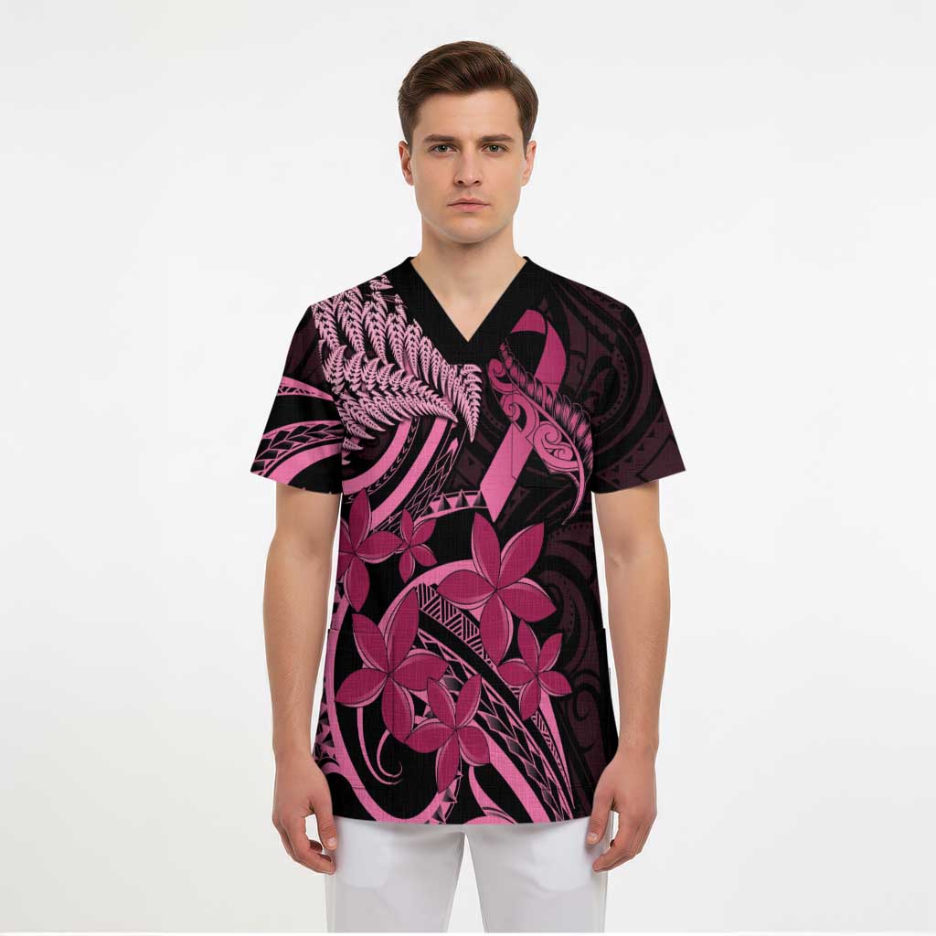 Aotearoa Maori Scrub Top Pink Fern Ribbons on Black - Polynesian Pride