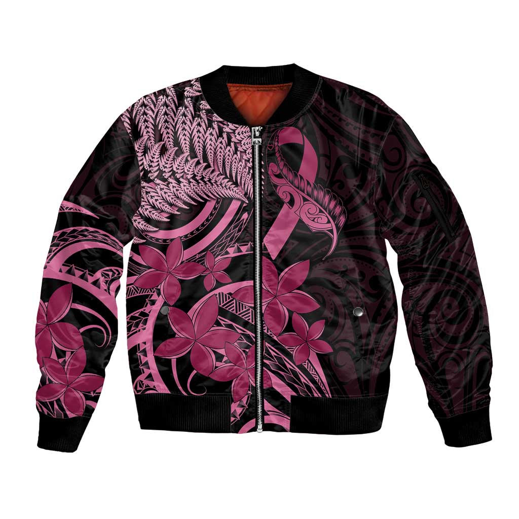Aotearoa Maori Sleeve Zip Bomber Jacket Pink Fern Ribbons on Black LT7 Unisex Black - Polynesian Pride