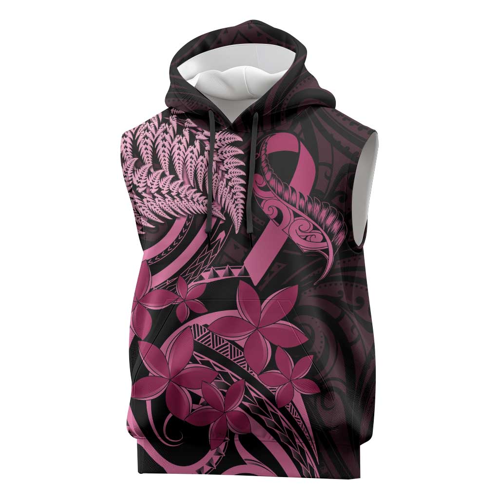 Aotearoa Maori Sleeveless Hoodie Pink Fern Ribbons on Black LT7 Black - Polynesian Pride