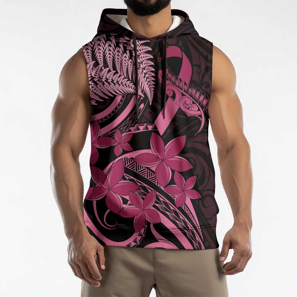 Aotearoa Maori Sleeveless Hoodie Pink Fern Ribbons on Black LT7 - Polynesian Pride