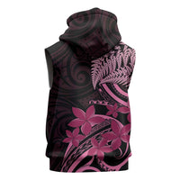 Aotearoa Maori Sleeveless Zip Hoodie Pink Fern Ribbons on Black - Polynesian Pride