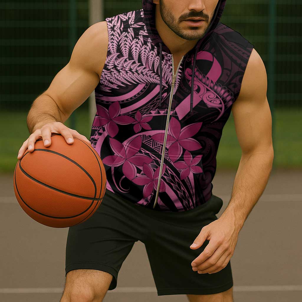 Aotearoa Maori Sleeveless Zip Hoodie Pink Fern Ribbons on Black - Polynesian Pride