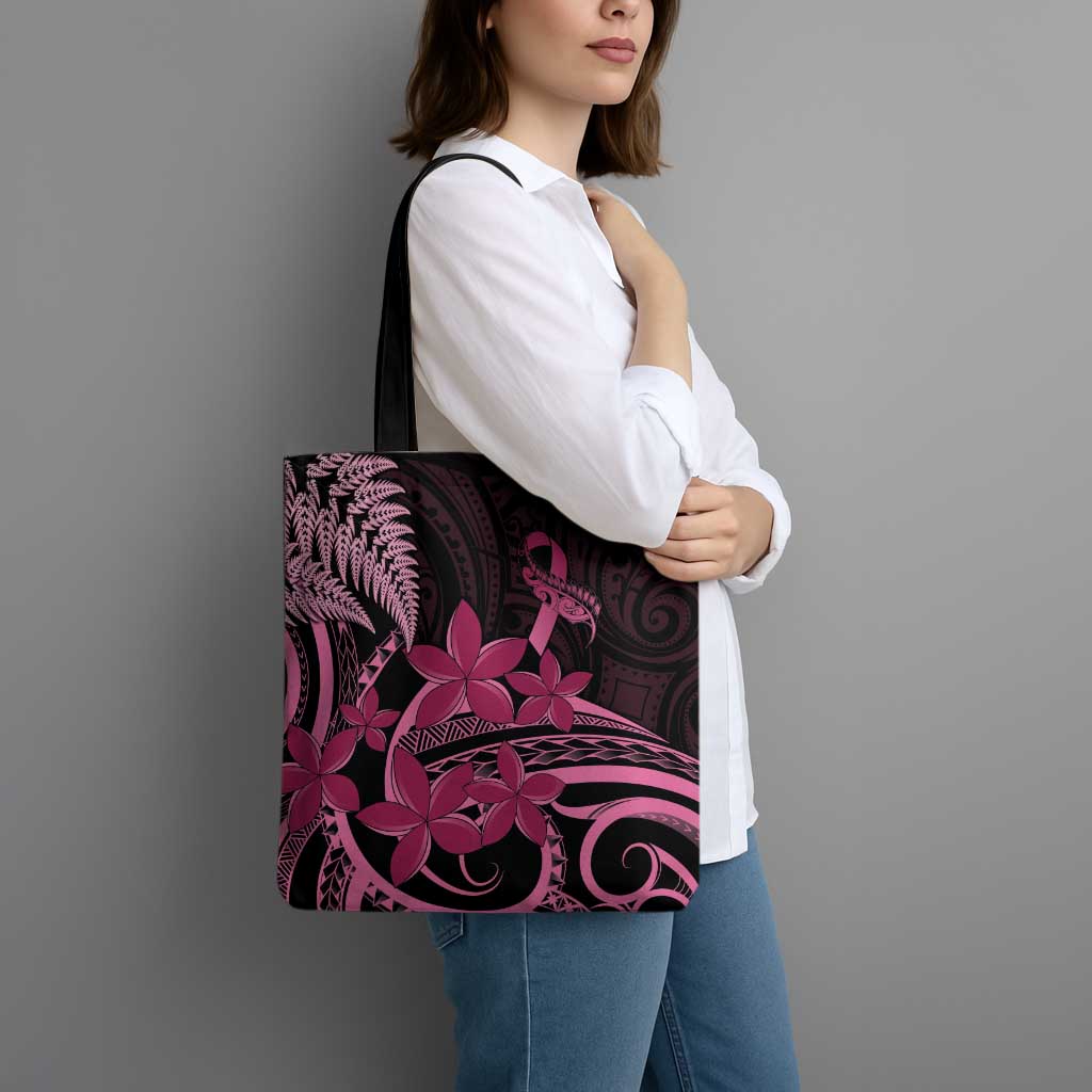 Aotearoa Maori Tote Bag Pink Fern Ribbons on Black - Polynesian Pride