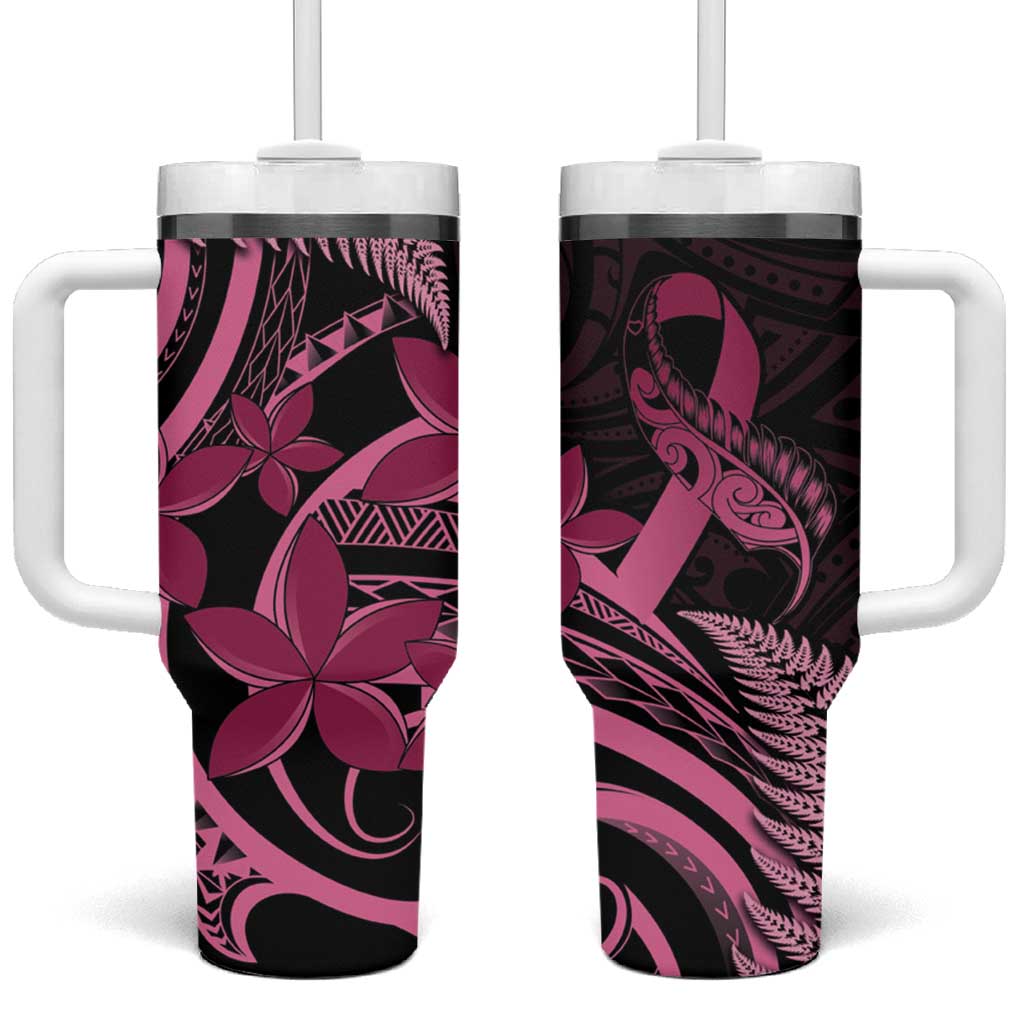 Aotearoa Maori Tumbler With Handle Pink Fern Ribbons on Black LT7 One Size: 40 oz Black - Polynesian Pride