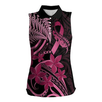 Aotearoa Maori Women Sleeveless Polo Shirt Pink Fern Ribbons on Black - Polynesian Pride