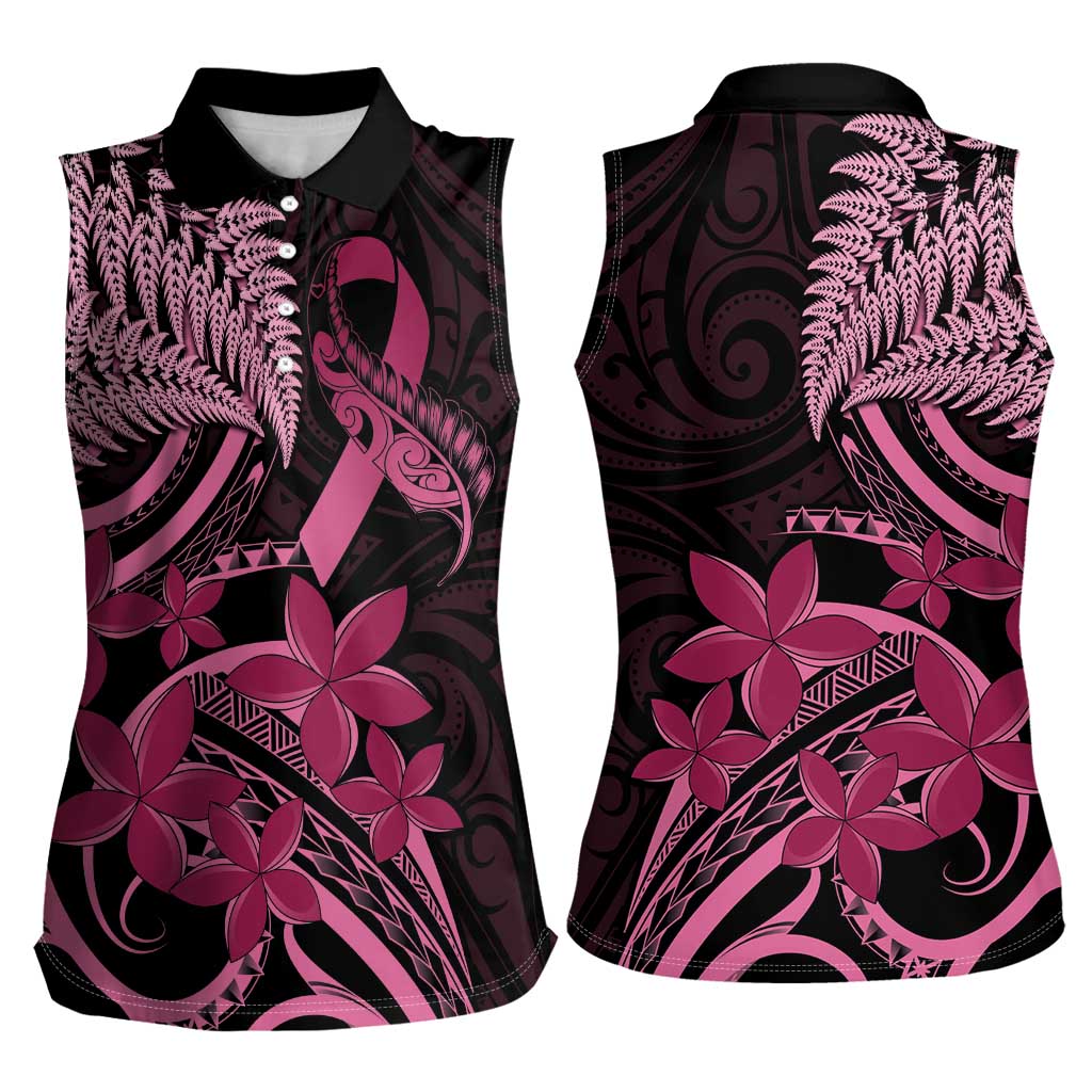 Aotearoa Maori Women Sleeveless Polo Shirt Pink Fern Ribbons on Black - Polynesian Pride