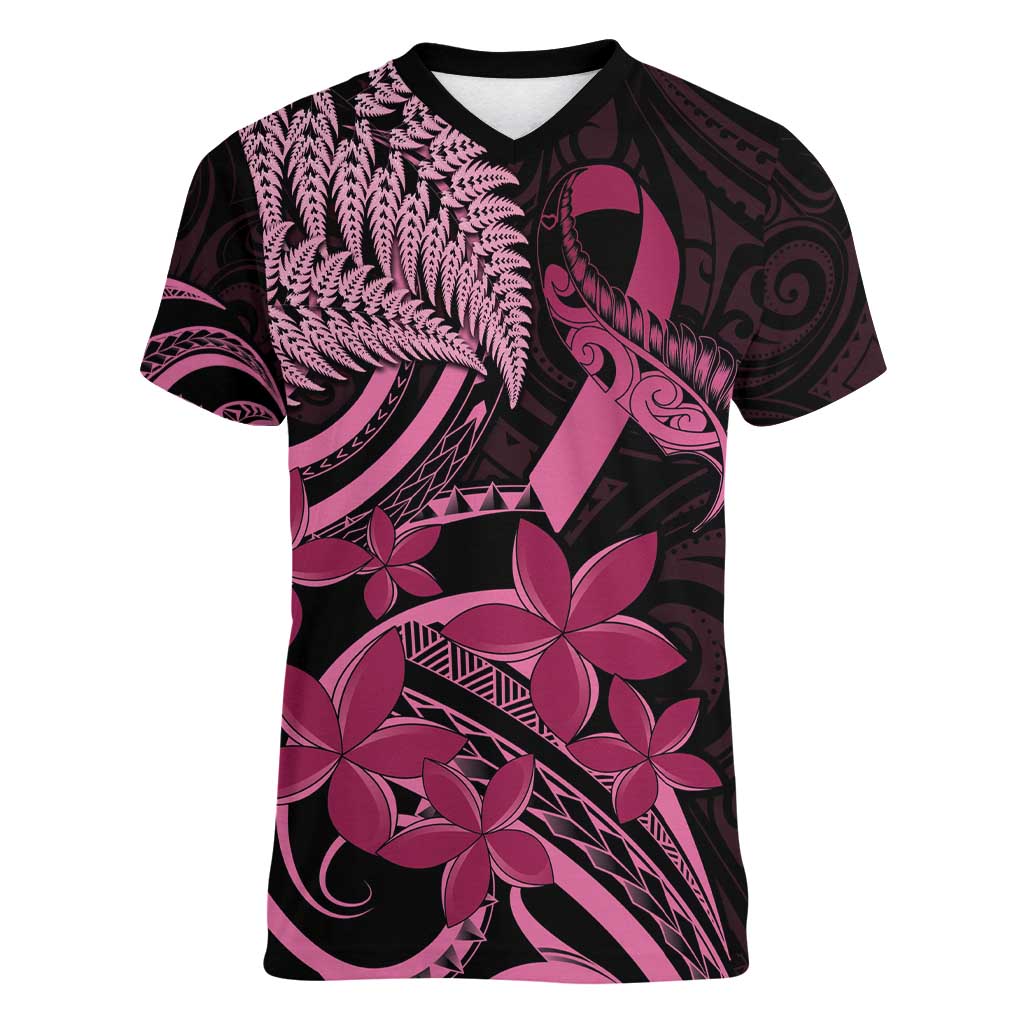 Aotearoa Maori Women V-Neck T-Shirt Pink Fern Ribbons on Black LT7 Female Black - Polynesian Pride