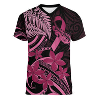 Aotearoa Maori Women V-Neck T-Shirt Pink Fern Ribbons on Black LT7 Female Black - Polynesian Pride