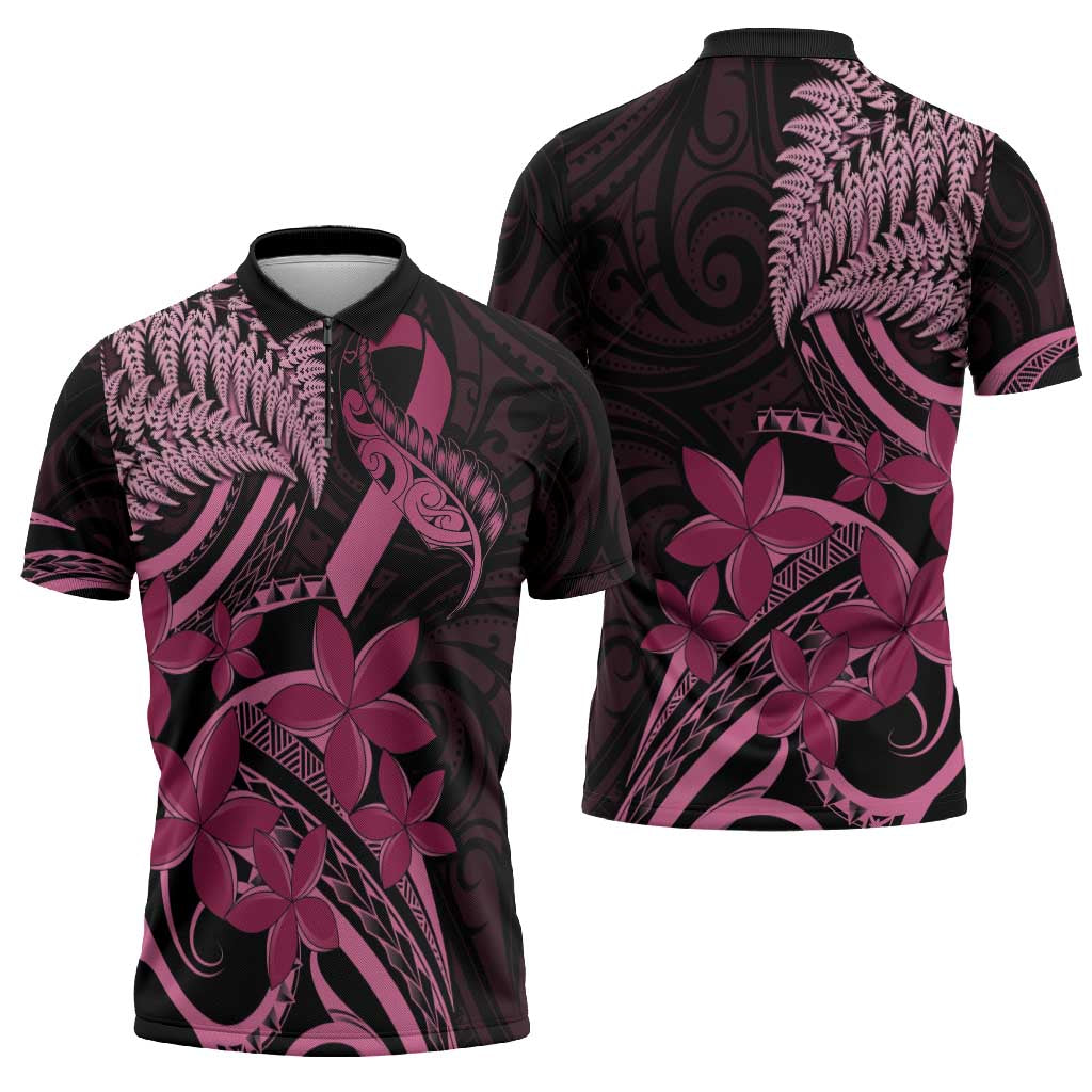 Aotearoa Maori Zipper Polo Shirt Pink Fern Ribbons on Black - Polynesian Pride