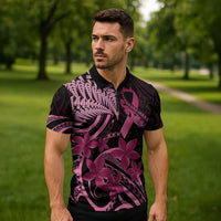 Aotearoa Maori Zipper Polo Shirt Pink Fern Ribbons on Black - Polynesian Pride