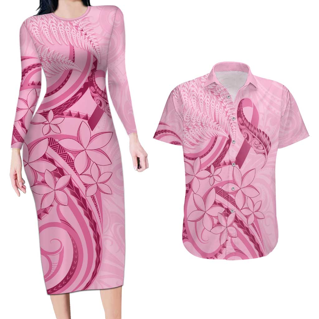 Aotearoa Maori Couples Matching Long Sleeve Bodycon Dress and Hawaiian Shirt Pink Fern Ribbons - Polynesian Pride