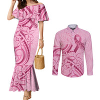 Aotearoa Maori Couples Matching Mermaid Dress and Long Sleeve Button Shirt Pink Fern Ribbons LT7 Pink - Polynesian Pride
