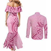 Aotearoa Maori Couples Matching Mermaid Dress and Long Sleeve Button Shirt Pink Fern Ribbons LT7 - Polynesian Pride