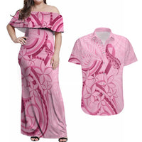 Aotearoa Maori Couples Matching Off Shoulder Maxi Dress and Hawaiian Shirt Pink Fern Ribbons - Polynesian Pride
