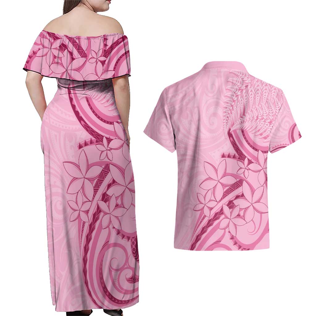Aotearoa Maori Couples Matching Off Shoulder Maxi Dress and Hawaiian Shirt Pink Fern Ribbons - Polynesian Pride