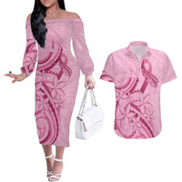 Aotearoa Maori Couples Matching Off The Shoulder Long Sleeve Dress and Hawaiian Shirt Pink Fern Ribbons - Polynesian Pride