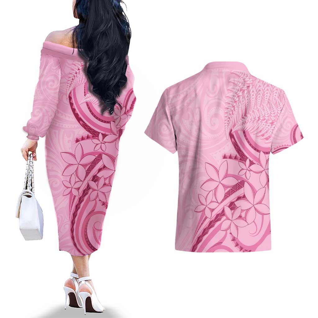 Aotearoa Maori Couples Matching Off The Shoulder Long Sleeve Dress and Hawaiian Shirt Pink Fern Ribbons - Polynesian Pride