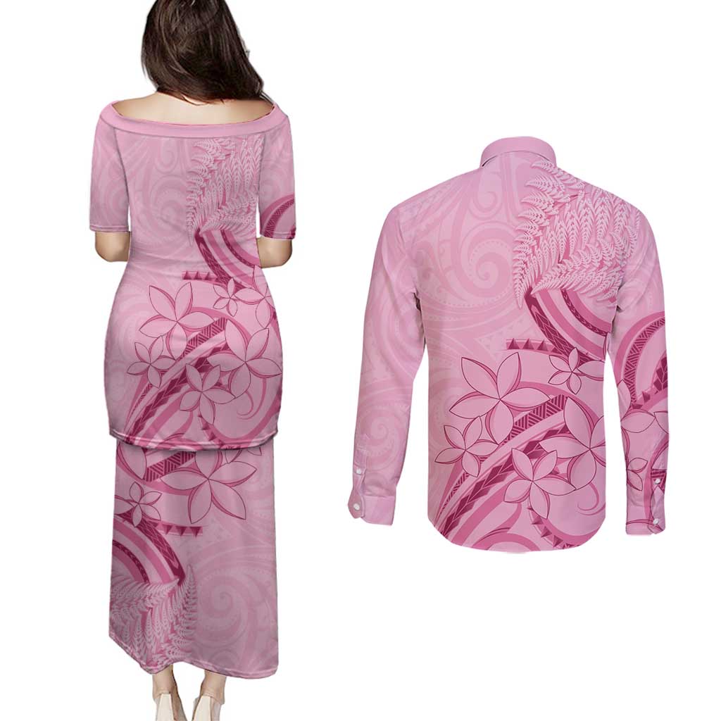 Aotearoa Maori Couples Matching Puletasi and Long Sleeve Button Shirt Pink Fern Ribbons LT7 - Polynesian Pride