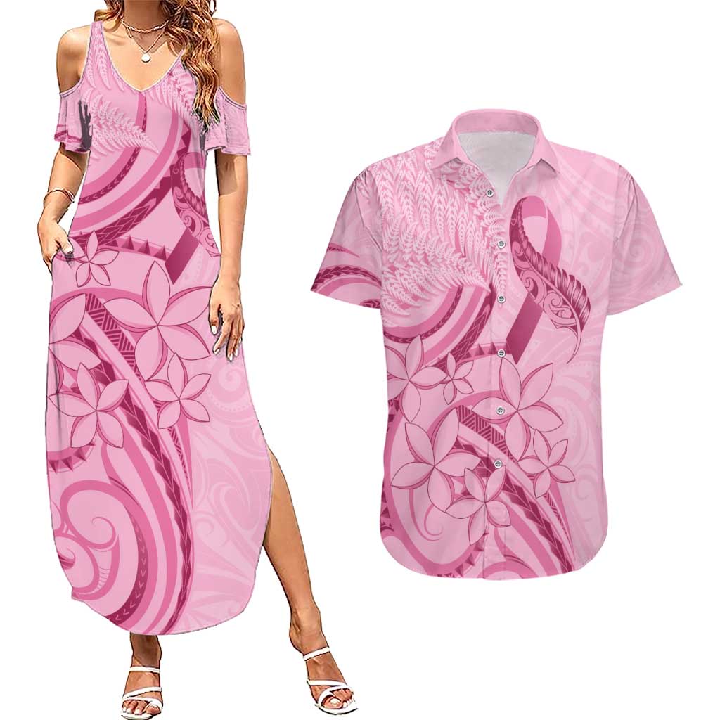 Aotearoa Maori Couples Matching Summer Maxi Dress and Hawaiian Shirt Pink Fern Ribbons - Polynesian Pride