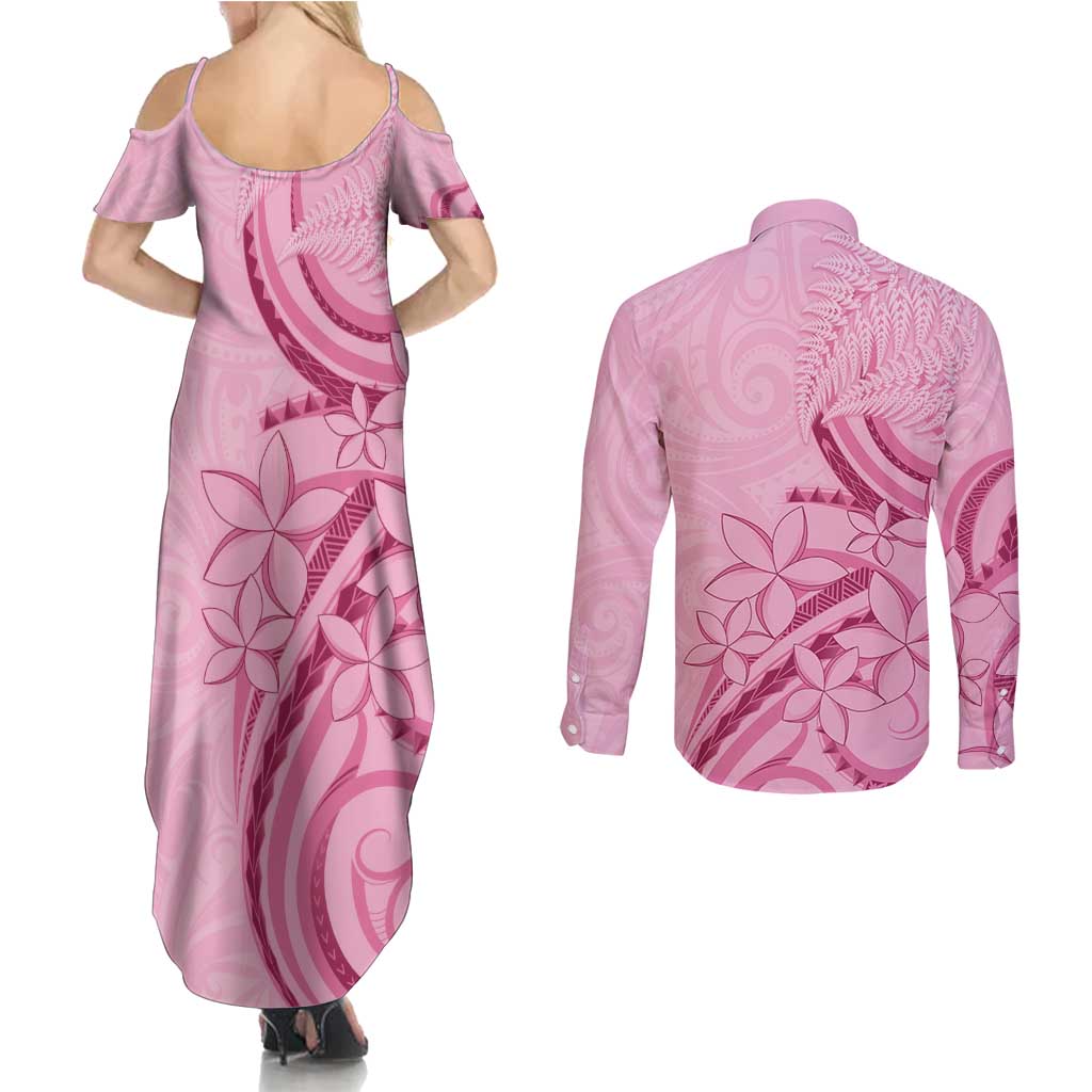 Aotearoa Maori Couples Matching Summer Maxi Dress and Long Sleeve Button Shirt Pink Fern Ribbons LT7 - Polynesian Pride