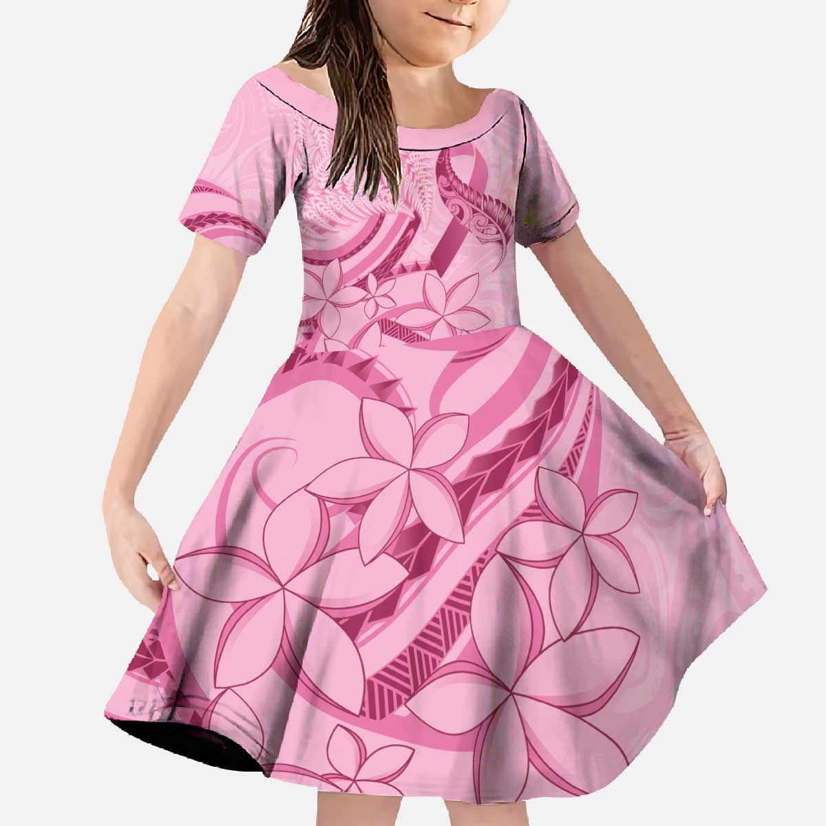 Aotearoa Maori Family Matching Off The Shoulder Long Sleeve Dress and Hawaiian Shirt Pink Fern Ribbons - Polynesian Pride