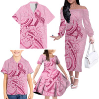 Aotearoa Maori Family Matching Off The Shoulder Long Sleeve Dress and Hawaiian Shirt Pink Fern Ribbons - Polynesian Pride