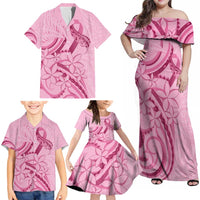 Aotearoa Maori Family Matching Off Shoulder Maxi Dress and Hawaiian Shirt Pink Fern Ribbons - Polynesian Pride