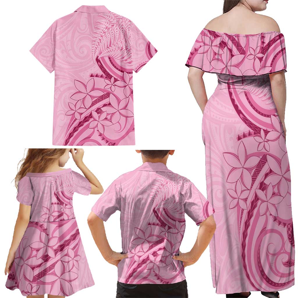 Aotearoa Maori Family Matching Off Shoulder Maxi Dress and Hawaiian Shirt Pink Fern Ribbons - Polynesian Pride