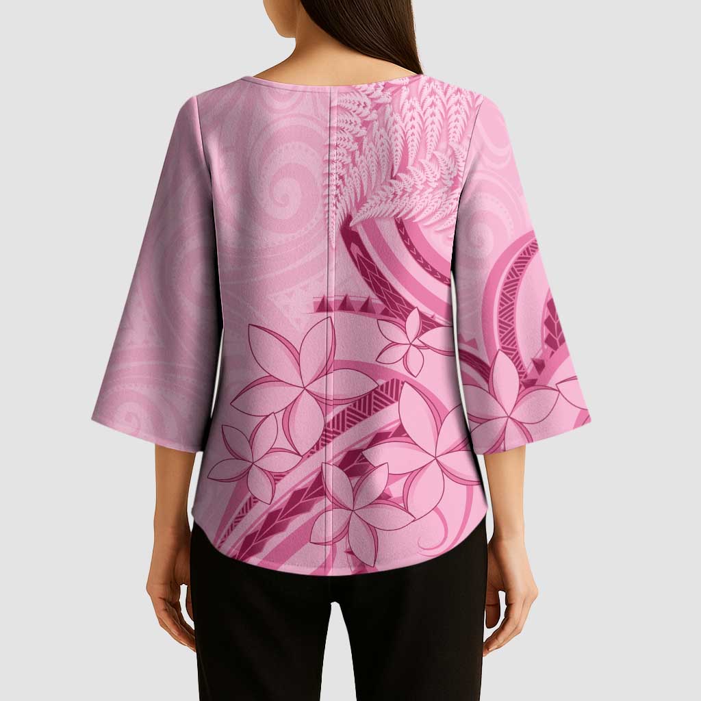 Aotearoa Maori Kimono Sleeve Blouse Pink Fern Ribbons - Polynesian Pride