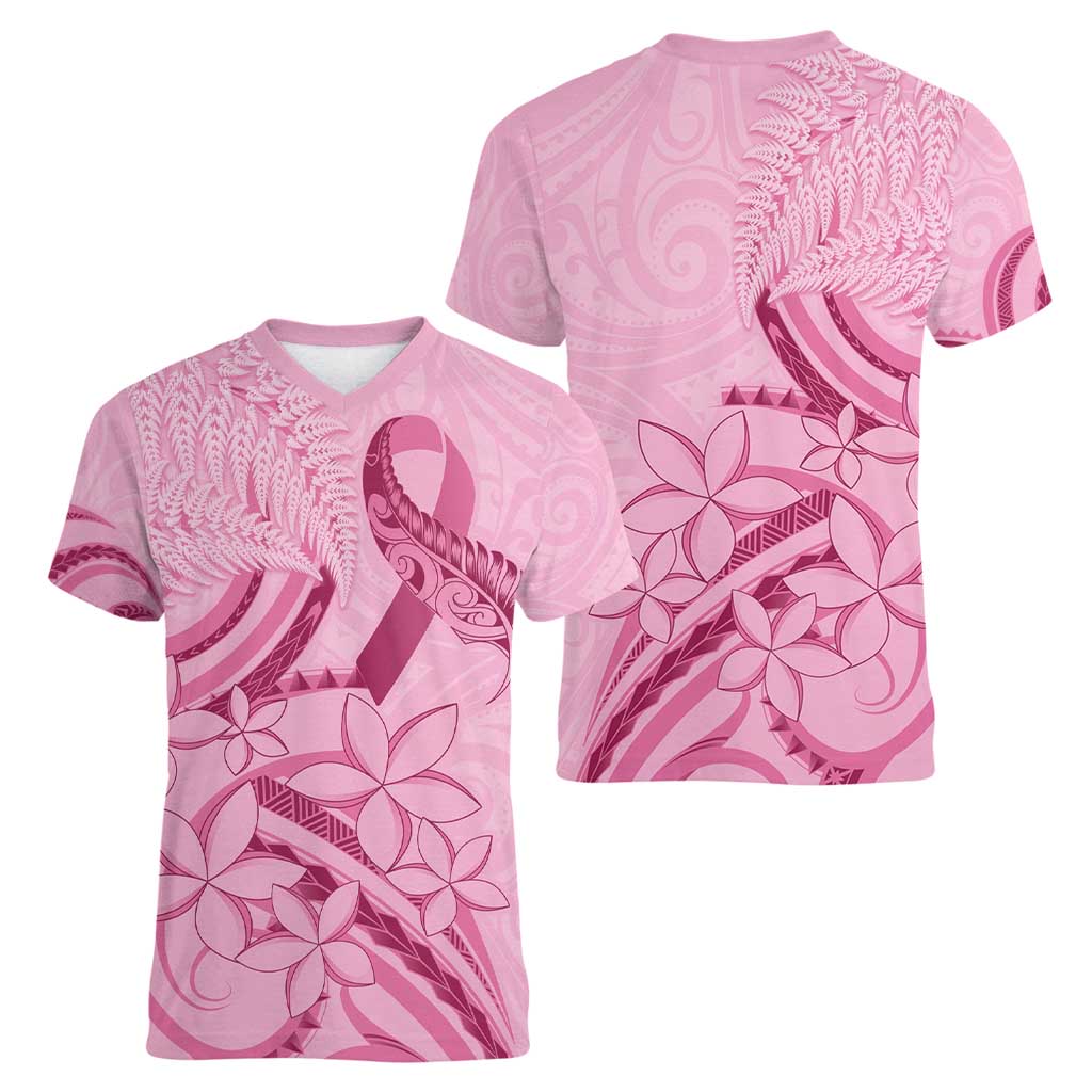 Aotearoa Maori Women V-Neck T-Shirt Pink Fern Ribbons LT7 - Polynesian Pride