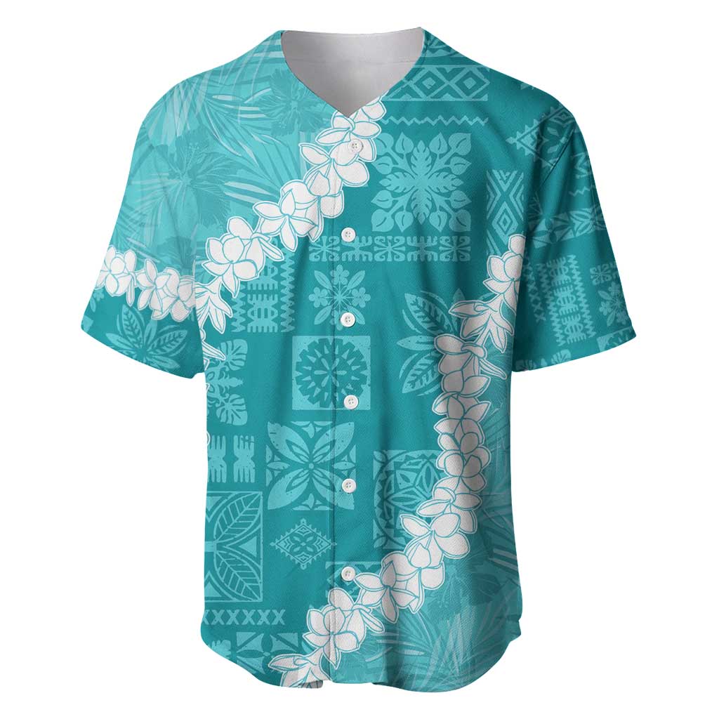 Hawaii Aloha Baseball Jersey Teal Quilt Patch Work Mix Plumeria Lei LT7 Teal - Polynesian Pride