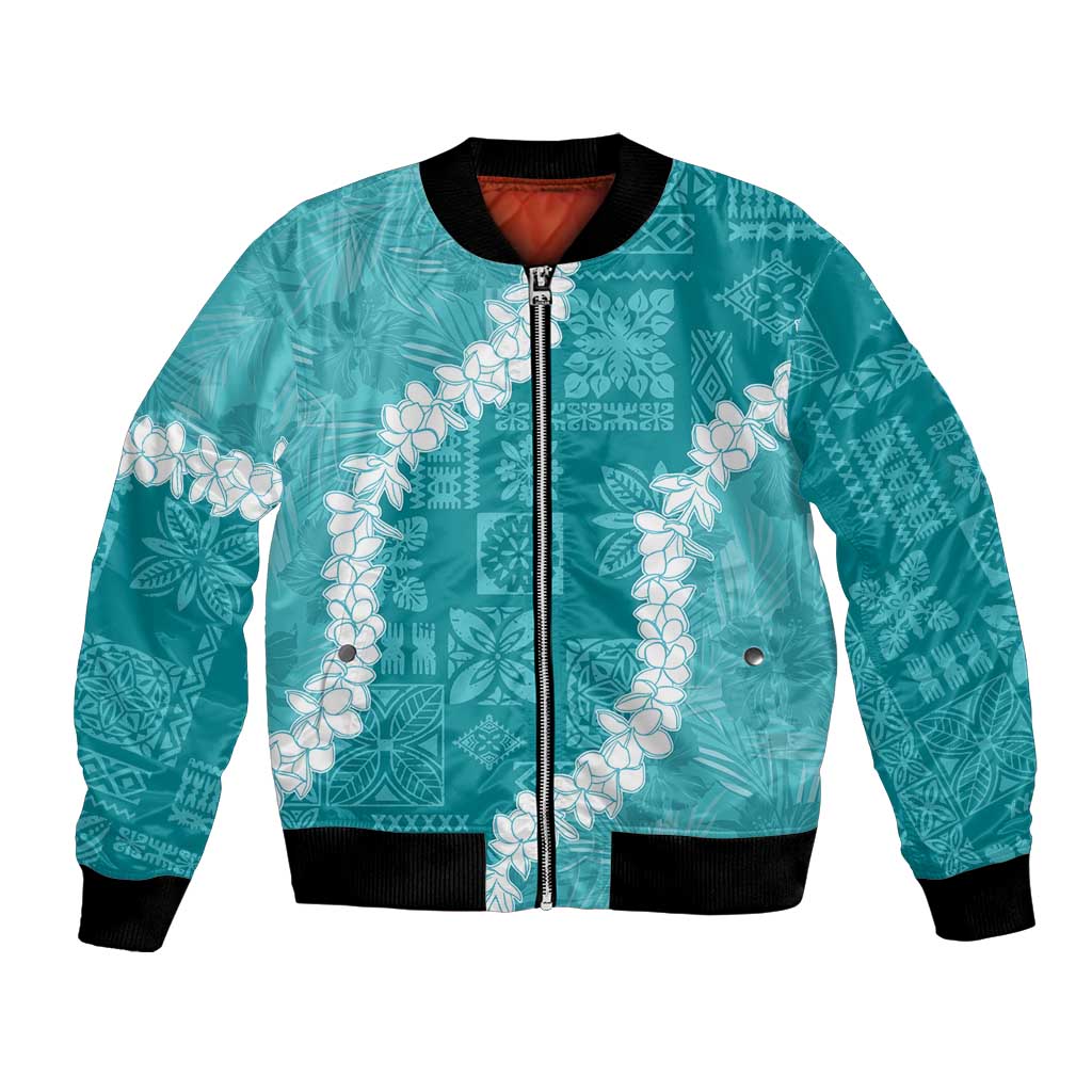Hawaii Aloha Bomber Jacket Teal Quilt Patch Work Mix Plumeria Lei LT7 Unisex Teal - Polynesian Pride