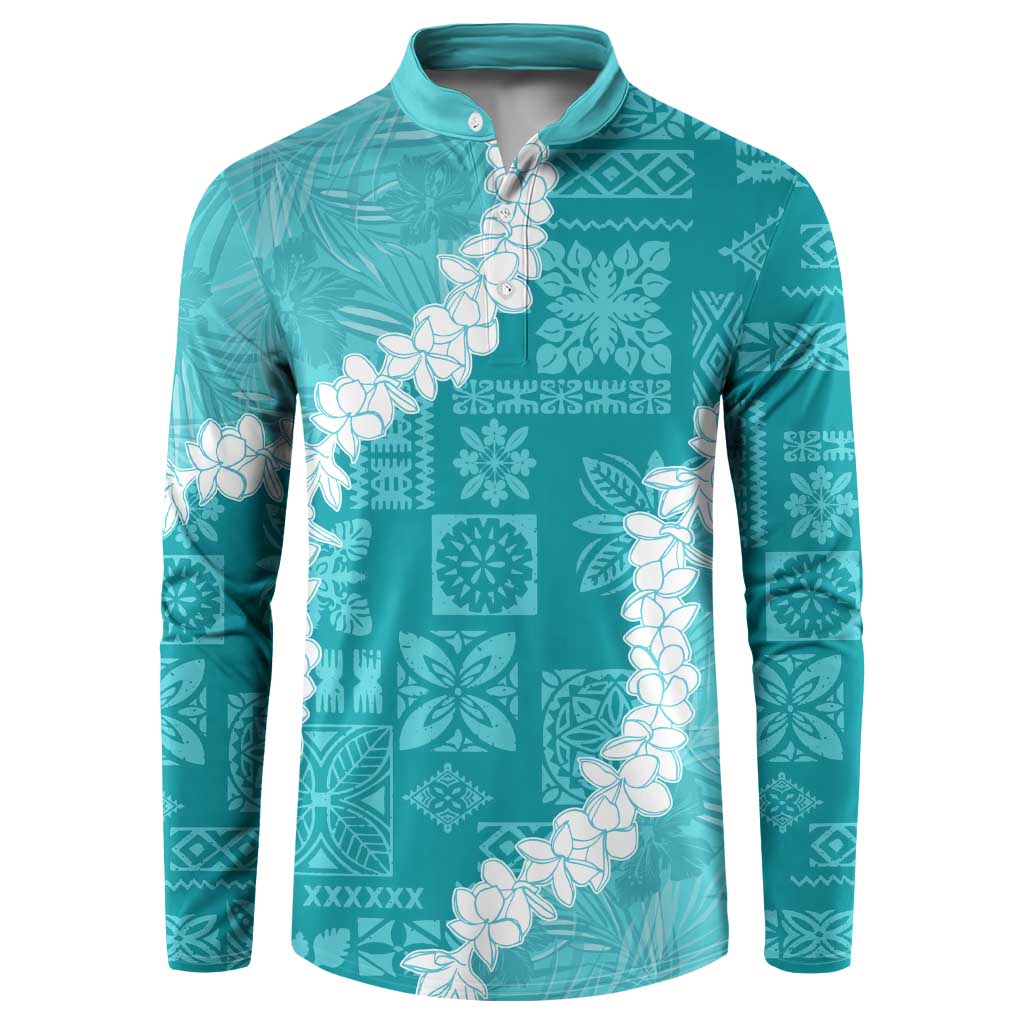 Hawaii Aloha Button Sweatshirt Teal Quilt Patch Work Mix Plumeria Lei LT7 Teal - Polynesian Pride